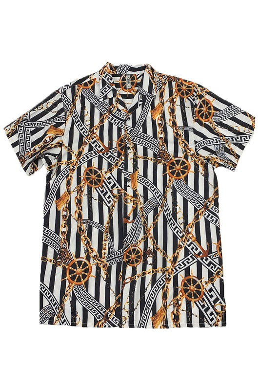 MENS GOLD CHAIN STATUS PRINT BUTTON DOWN SHIRT