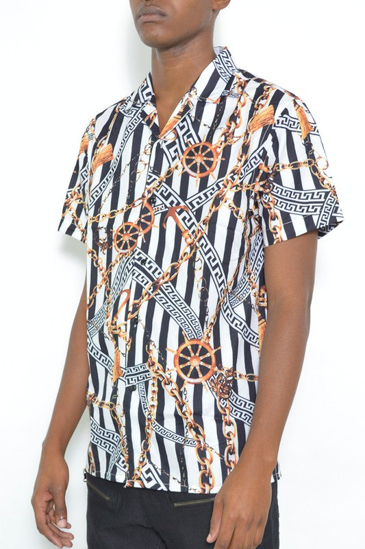 MENS GOLD CHAIN STATUS PRINT BUTTON DOWN SHIRT