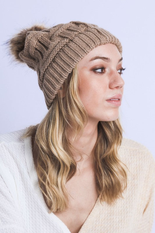 BRAIDED KNITTED FUR POM POM BEANIE