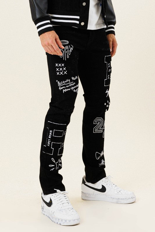 Multi Patch Slim Fit Black Denim Pants