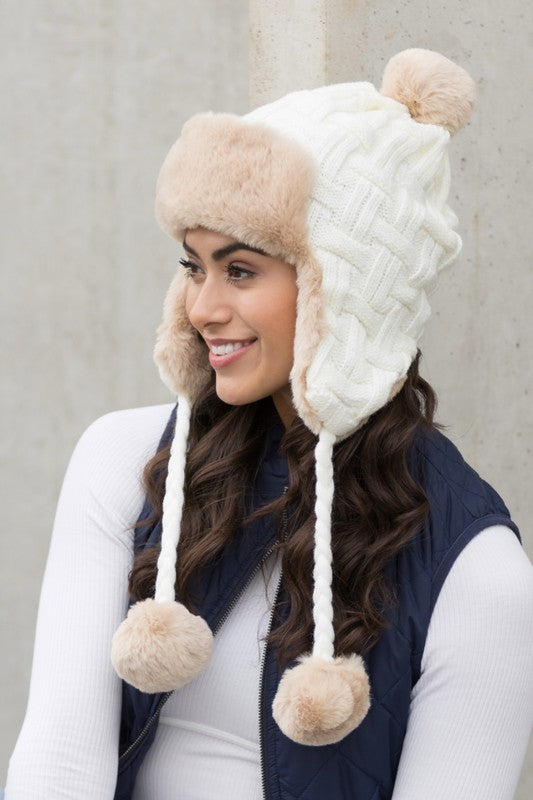 Cable Weave Pom Trapper Hat