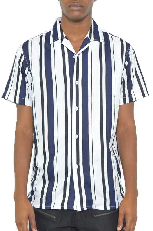 MENS SHORT SLEEVE STRIPED BUTTON DOWN SHIRT PRINT