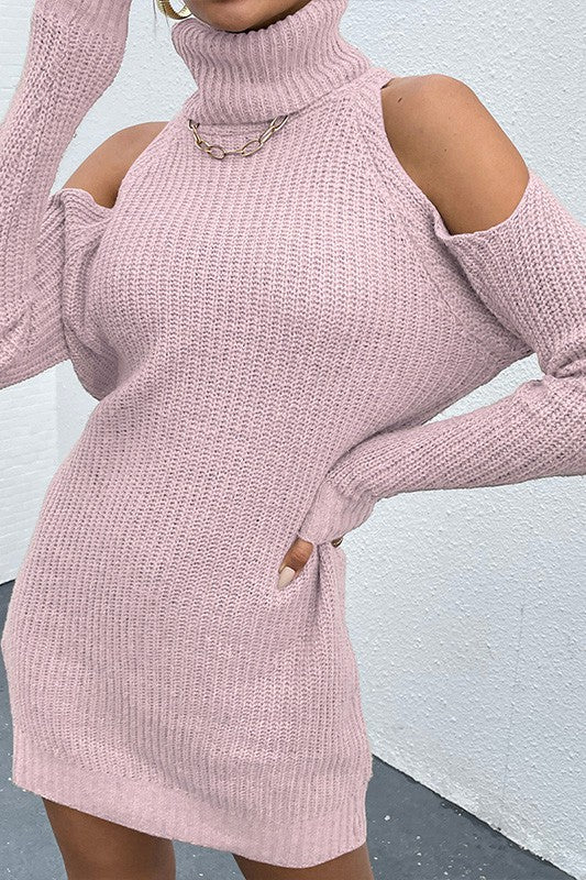 Pink Black Turtleneck Cold-Shoulder Sweater Dress