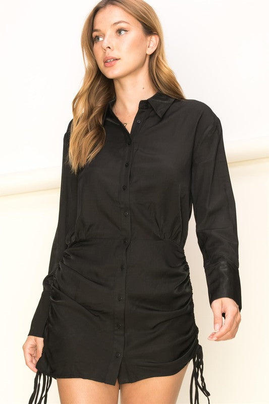 High-Class Ruched Button-Front Shirt Dress