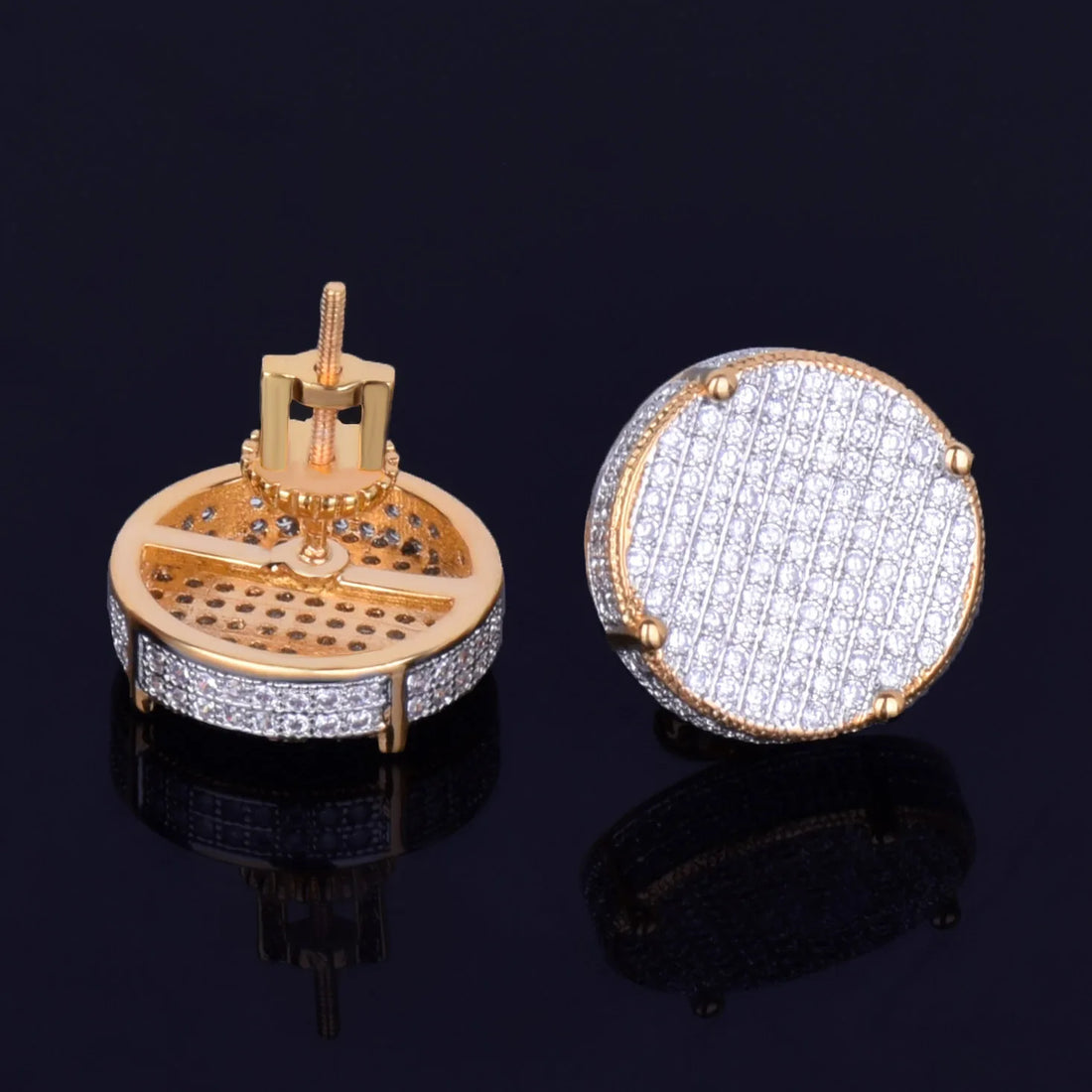 Gold Color Big Round Stud Earring AAAA Cubic Zircon Screw Back Men's Earrings Fashion Hip Hop Jewelry