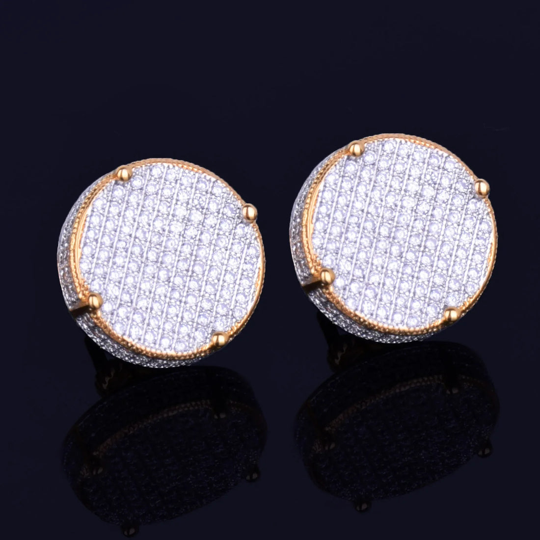 Gold Color Big Round Stud Earring AAAA Cubic Zircon Screw Back Men's Earrings Fashion Hip Hop Jewelry