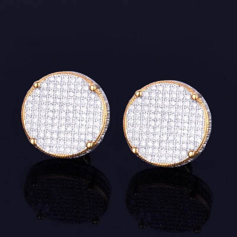 Gold Color Big Round Stud Earring AAAA Cubic Zircon Screw Back Men's Earrings Fashion Hip Hop Jewelry