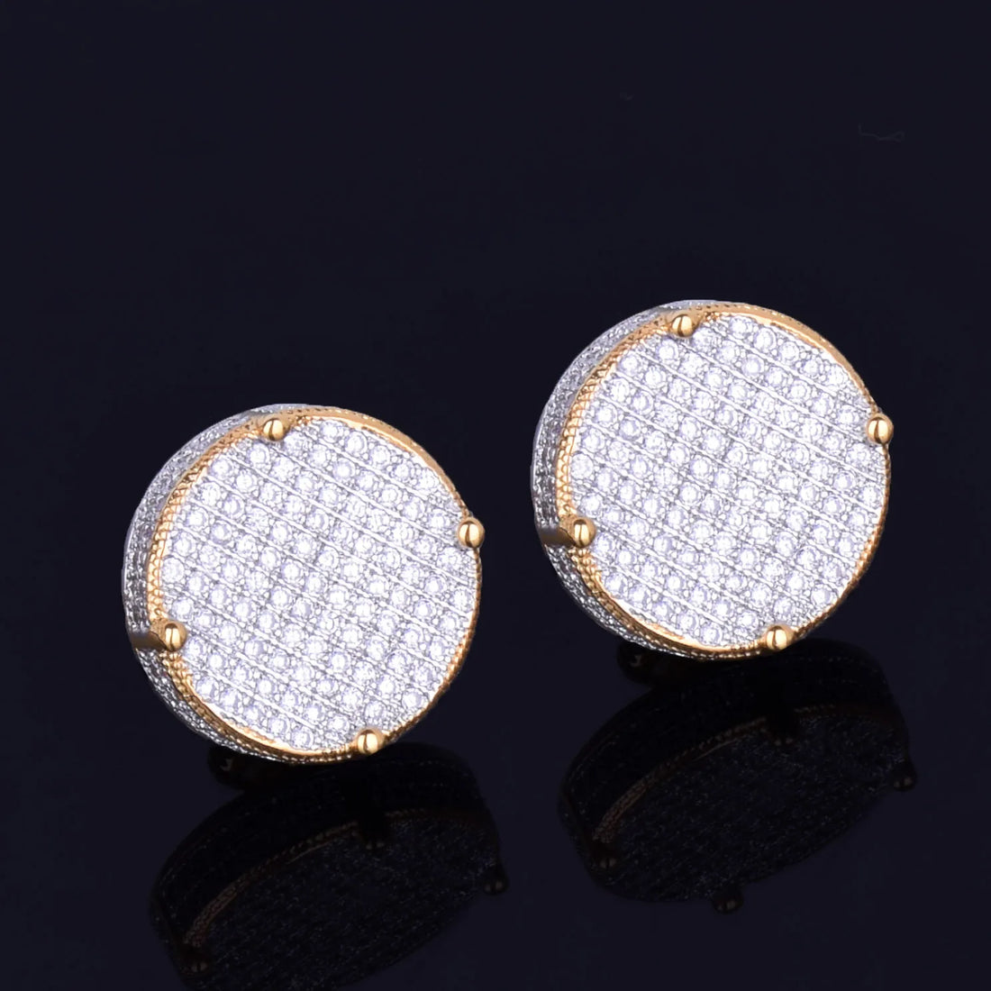 Gold Color Big Round Stud Earring AAAA Cubic Zircon Screw Back Men's Earrings Fashion Hip Hop Jewelry