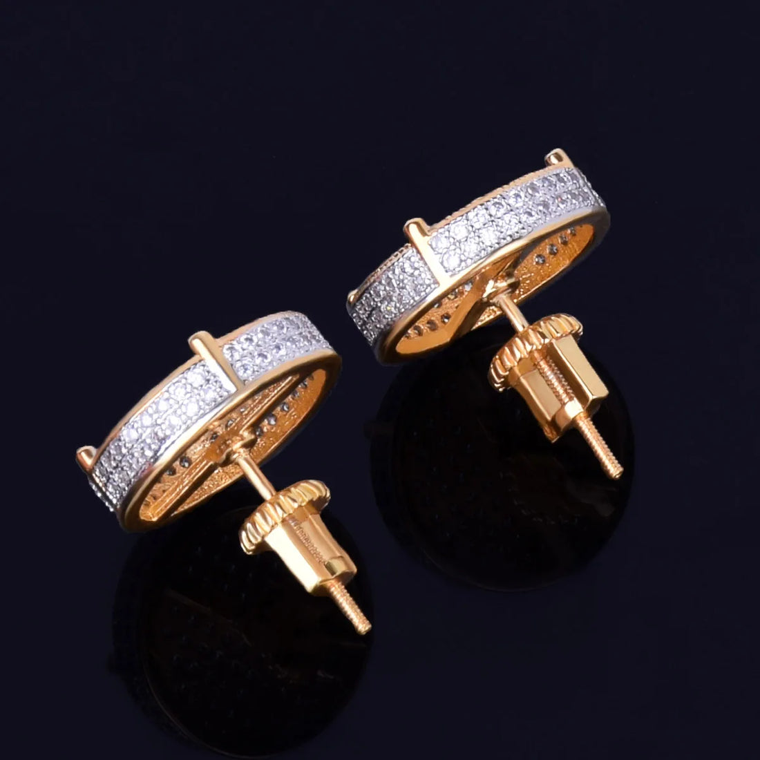 Gold Color Big Round Stud Earring AAAA Cubic Zircon Screw Back Men's Earrings Fashion Hip Hop Jewelry