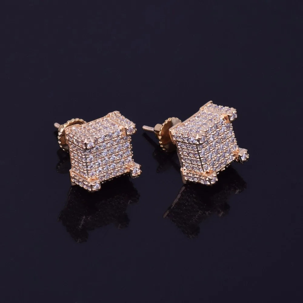 Mens Zircon Earring Hip hop style Copper Material Iced Bling CZ Square Stud Earrings Screw-back Fashion Jewelry