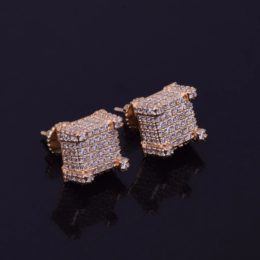 Mens Zircon Earring Hip hop style Copper Material Iced Bling CZ Square Stud Earrings Screw-back Fashion Jewelry