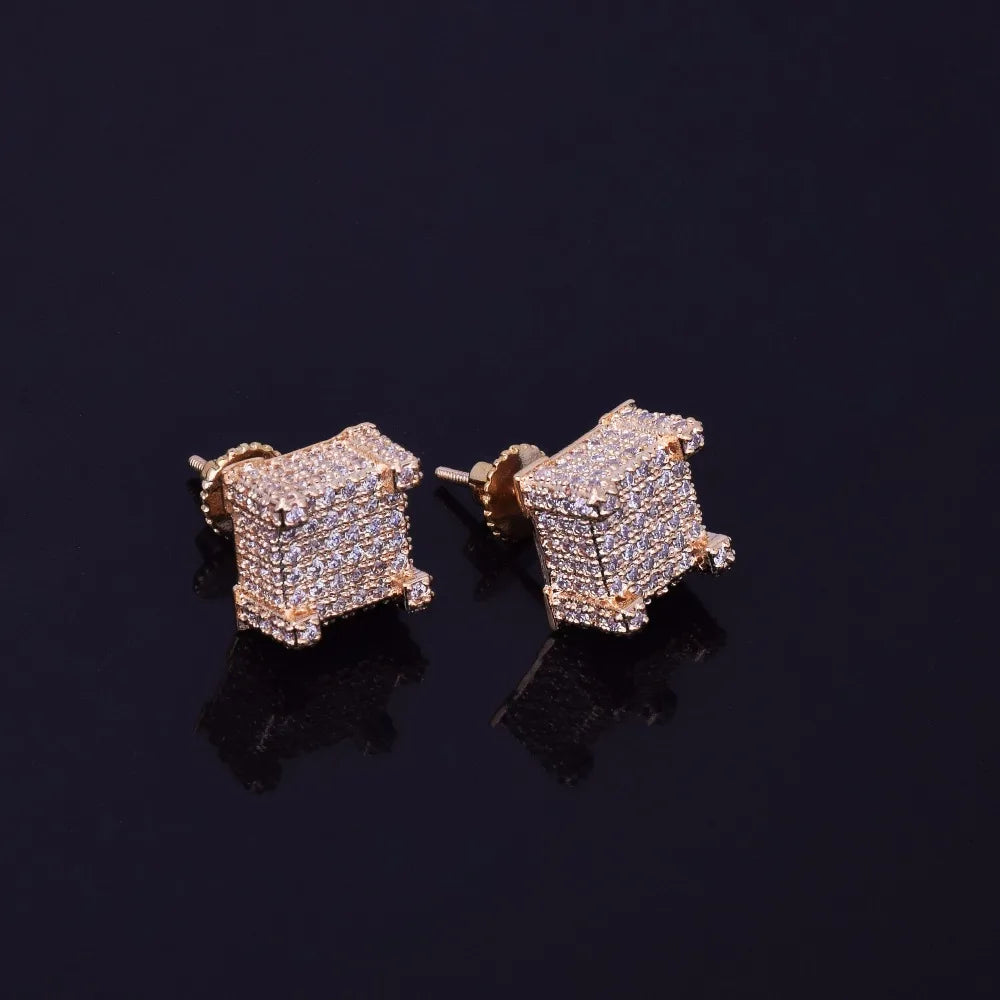 Mens Zircon Earring Hip hop style Copper Material Iced Bling CZ Square Stud Earrings Screw-back Fashion Jewelry