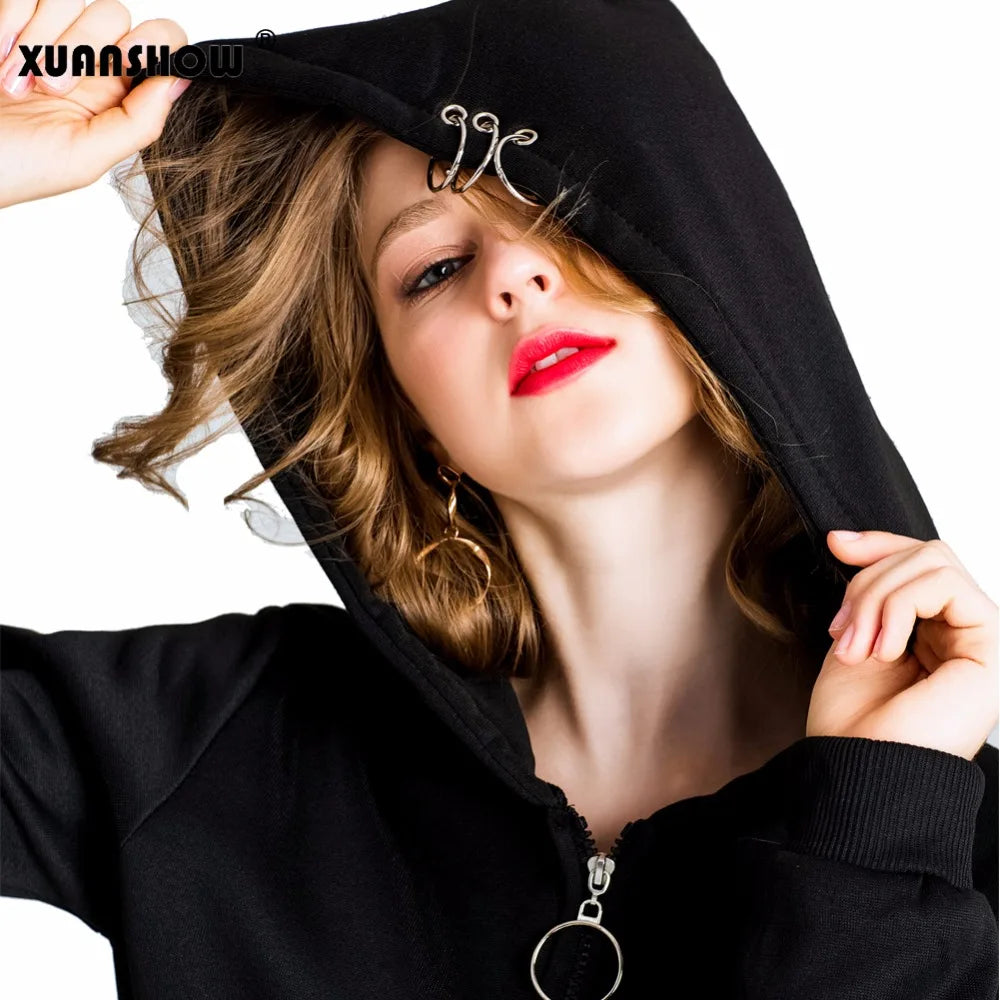 XUANSHOW 2024 Women Hoodies Gothic Punk Iron Ring Sweatshirts Autumn Winter Long Sleeve Zip-up Black Jacket Zipper Ladies Coat