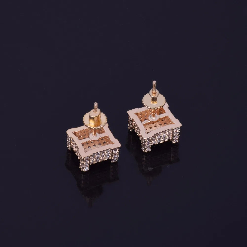 Mens Zircon Earring Hip hop style Copper Material Iced Bling CZ Square Stud Earrings Screw-back Fashion Jewelry