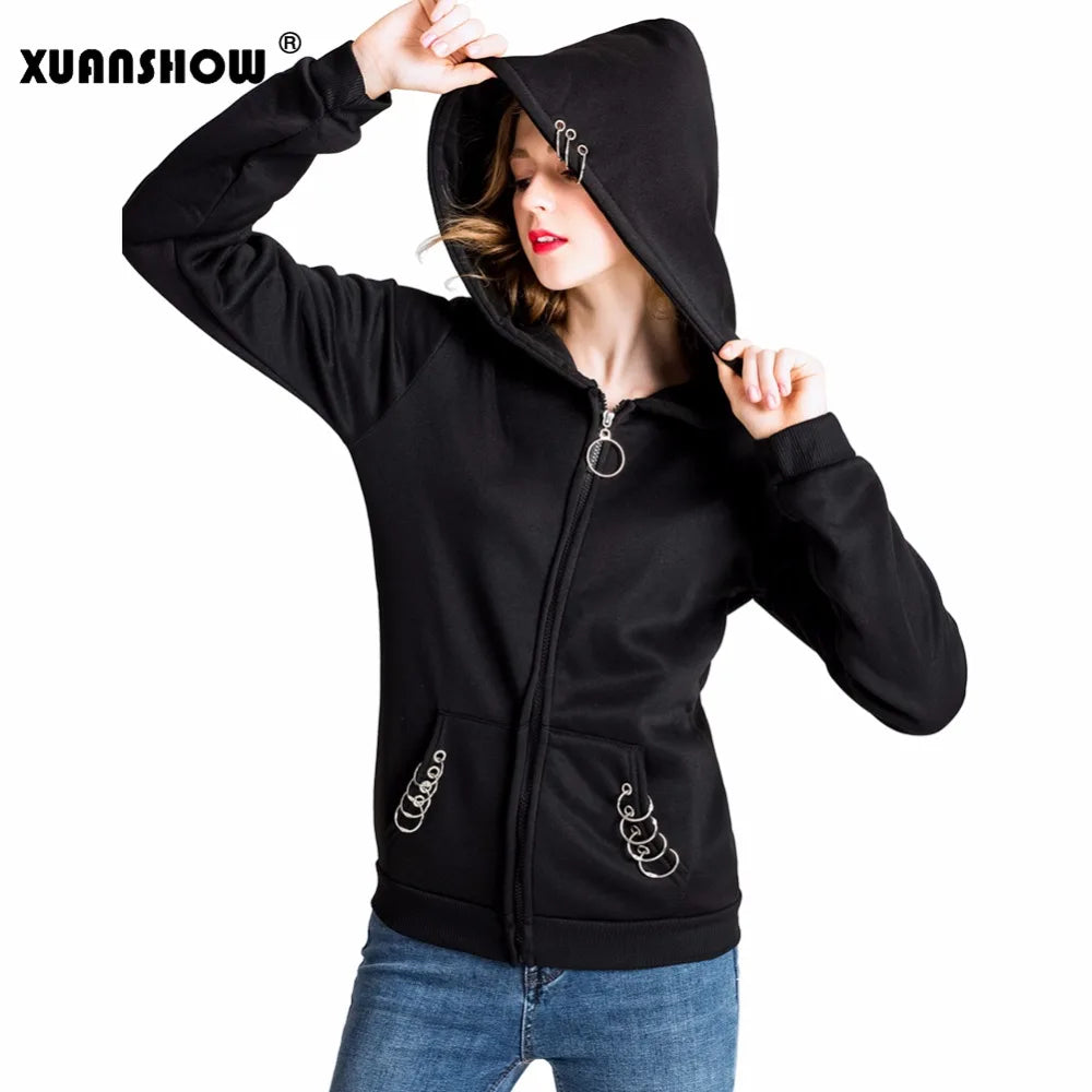 XUANSHOW 2024 Women Hoodies Gothic Punk Iron Ring Sweatshirts Autumn Winter Long Sleeve Zip-up Black Jacket Zipper Ladies Coat