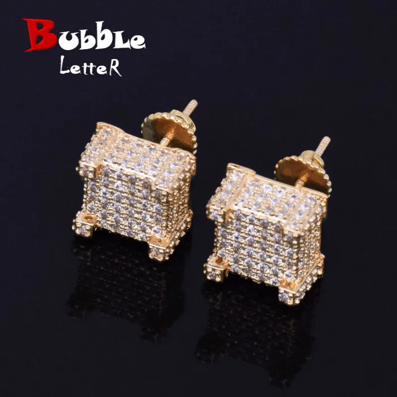 Mens Zircon Earring Hip hop style Copper Material Iced Bling CZ Square Stud Earrings Screw-back Fashion Jewelry