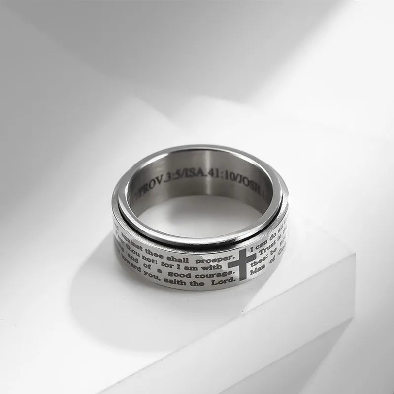 Lords Prayer & Christian Cross Etched Spinner Ring