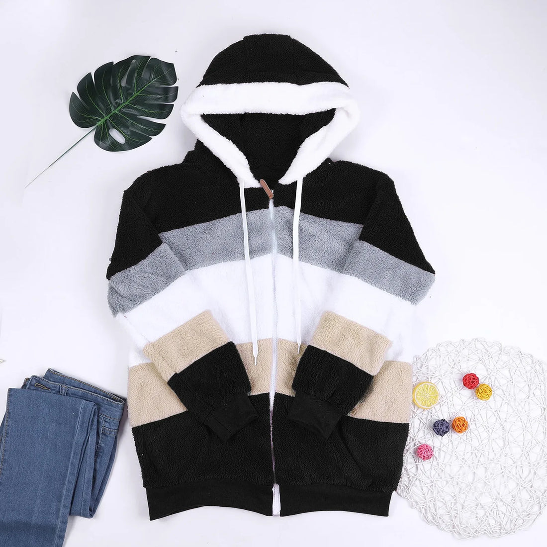 Winter Women's Warm Teddy Coat Fashion Casual Stitching Plaid Hooded Zipper Coat Ladies Plush Fleece Jacket New Winter Clothes