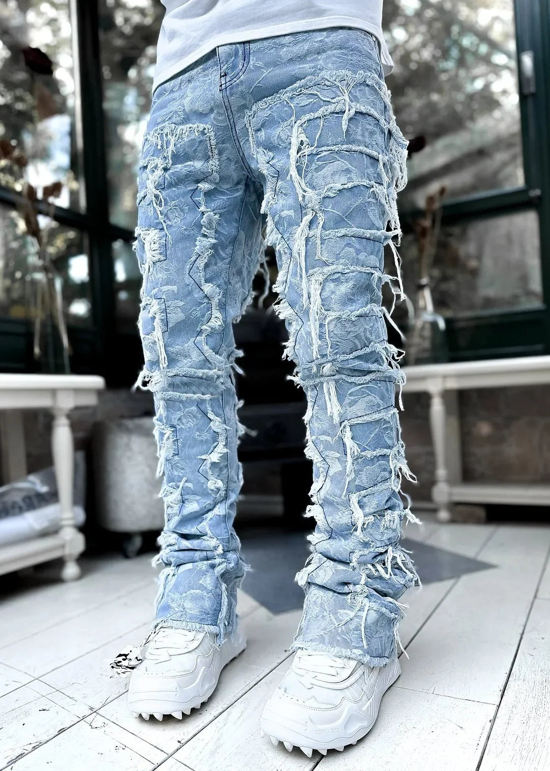 Stretched Patchwork Tassel Damaged Denim