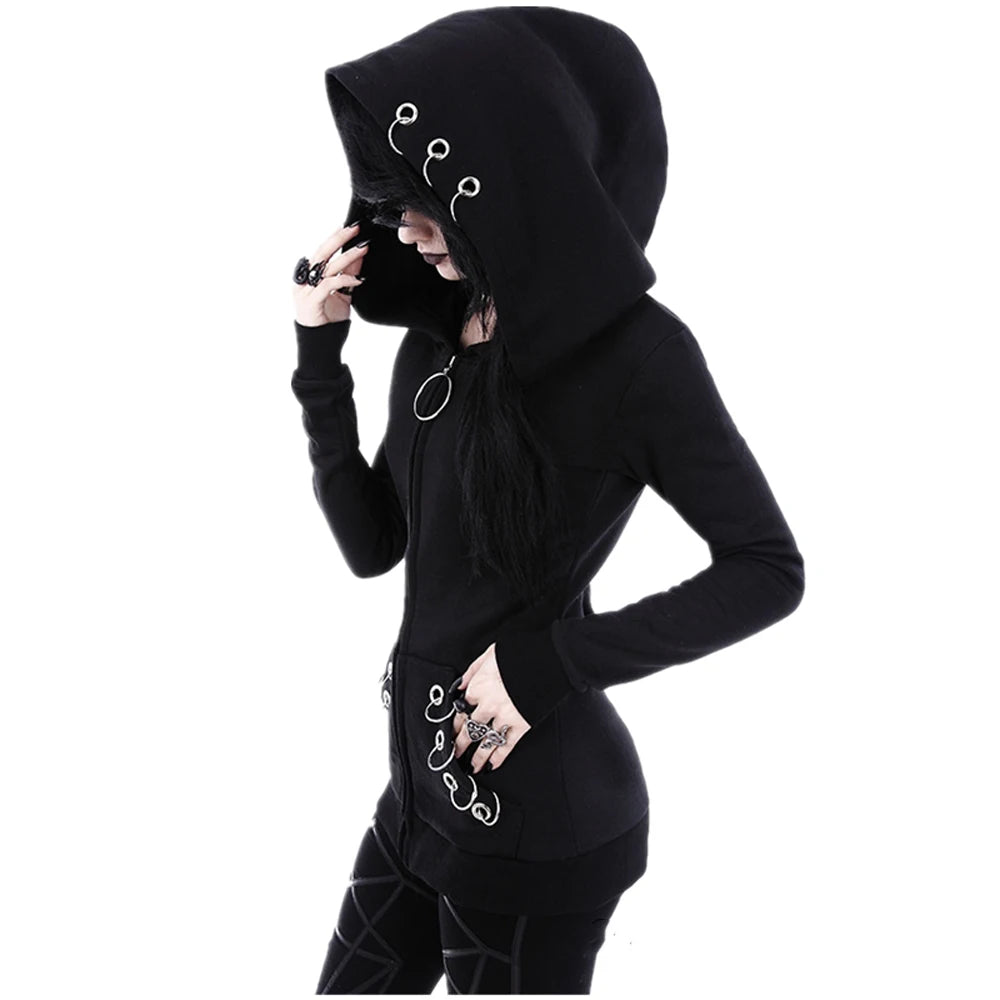 XUANSHOW 2024 Women Hoodies Gothic Punk Iron Ring Sweatshirts Autumn Winter Long Sleeve Zip-up Black Jacket Zipper Ladies Coat