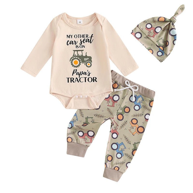 Baby Boy Fall Outfit Letter Print Long Sleeve Romper and Tractor Print Pants Hat Spring 3 Piece Set