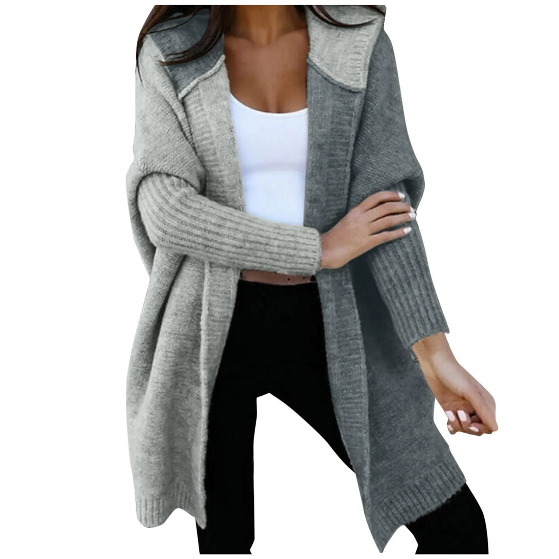 Women Loose Knitted Sweater Jacket Fashion Open Front Long Sleeve Hooded Knit Cardigan Sweater Color Block Outwear Sweater Coat