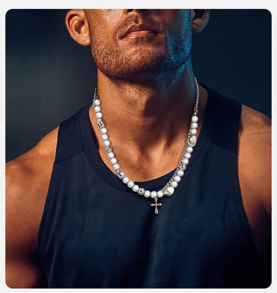 Vnox Cross Pendant Necklaces for Men Women, White Roudn Beads Chain Collar, Steel Cuban Long Tassel Boho Statement Necklace