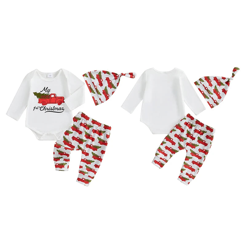 Baby Girls Boys Christmas Outfits Long Sleeve Truck Print Romper + Pants + Hat Set Infant Clothes