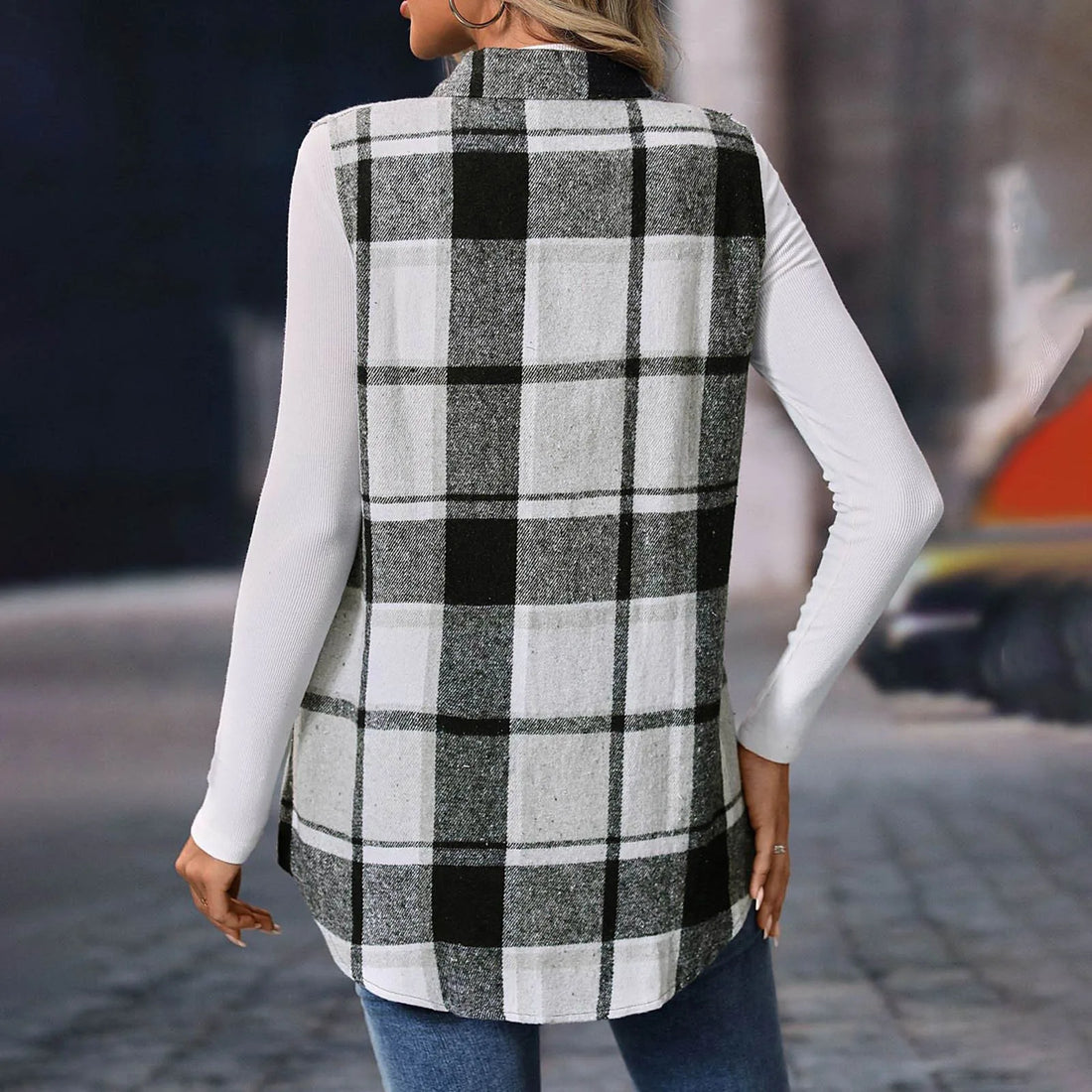 Women Fashion Plaid Sleeveless Vest For 2024 Autumn And Winter Pocket Decoration Loose Button Long Vests Jackets For Woman