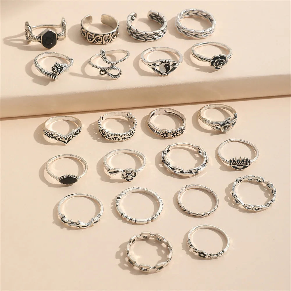 22pcs Punk Style Butterfly Heart And Tai Chi Snake Rings