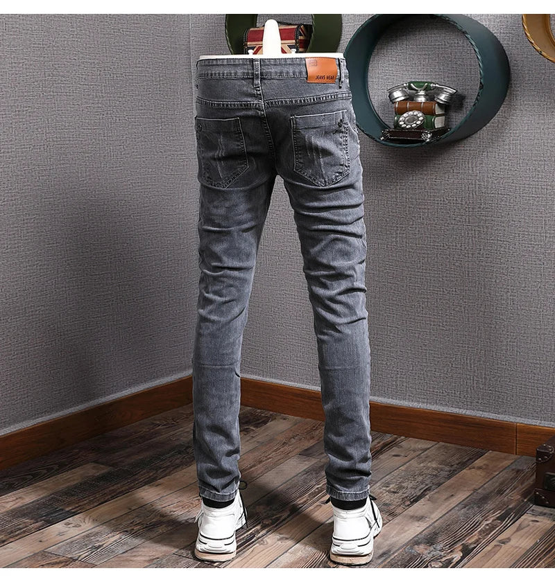 Retro Gray Stretch Slim Ripped Jeans