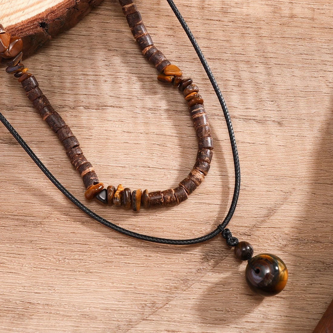 Stone and Wood Bead Chain with Ball Pendant Necklace