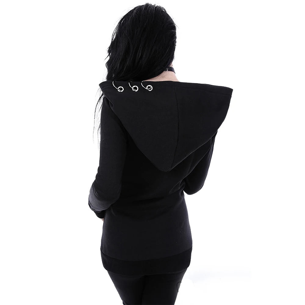 XUANSHOW 2024 Women Hoodies Gothic Punk Iron Ring Sweatshirts Autumn Winter Long Sleeve Zip-up Black Jacket Zipper Ladies Coat