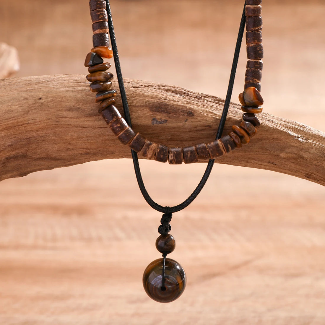 Stone and Wood Bead Chain with Ball Pendant Necklace