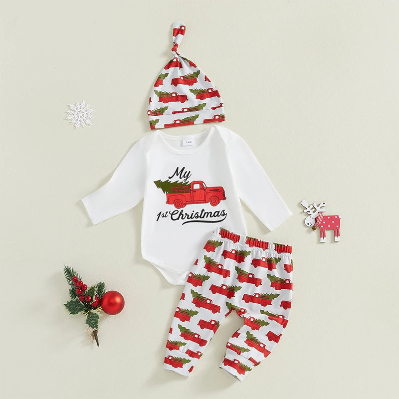 Baby Girls Boys Christmas Outfits Long Sleeve Truck Print Romper + Pants + Hat Set Infant Clothes