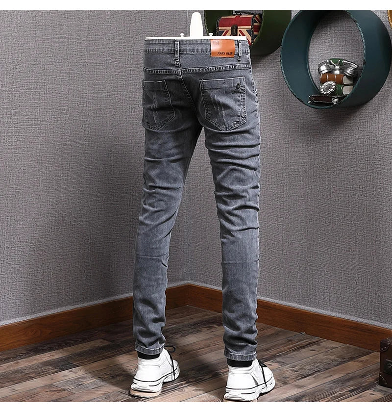 Retro Gray Stretch Slim Ripped Jeans