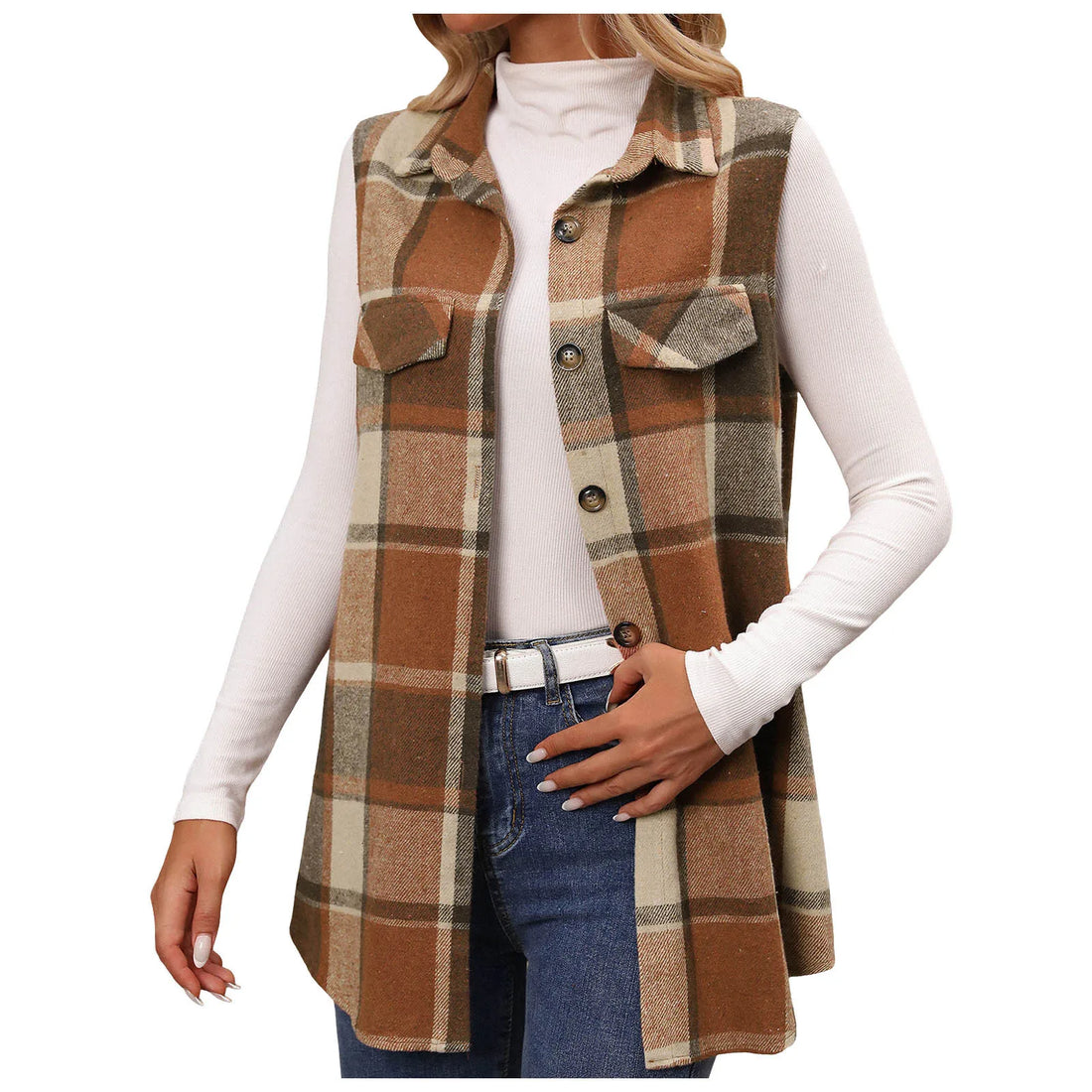 Women Fashion Plaid Sleeveless Vest For 2024 Autumn And Winter Pocket Decoration Loose Button Long Vests Jackets For Woman