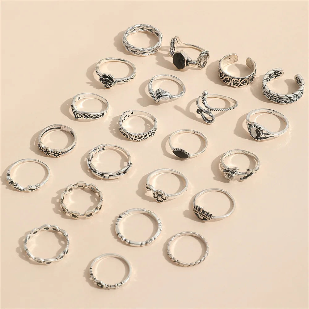 22pcs Punk Style Butterfly Heart And Tai Chi Snake Rings