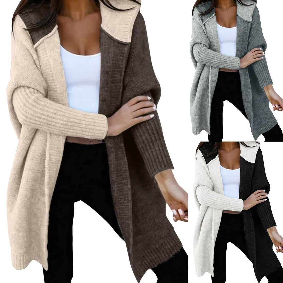 Women Loose Knitted Sweater Jacket Fashion Open Front Long Sleeve Hooded Knit Cardigan Sweater Color Block Outwear Sweater Coat