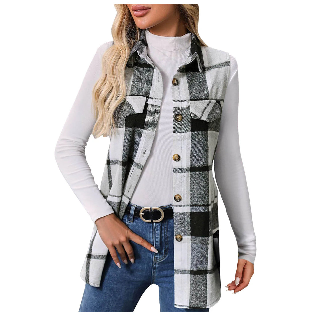 Women Fashion Plaid Sleeveless Vest For 2024 Autumn And Winter Pocket Decoration Loose Button Long Vests Jackets For Woman