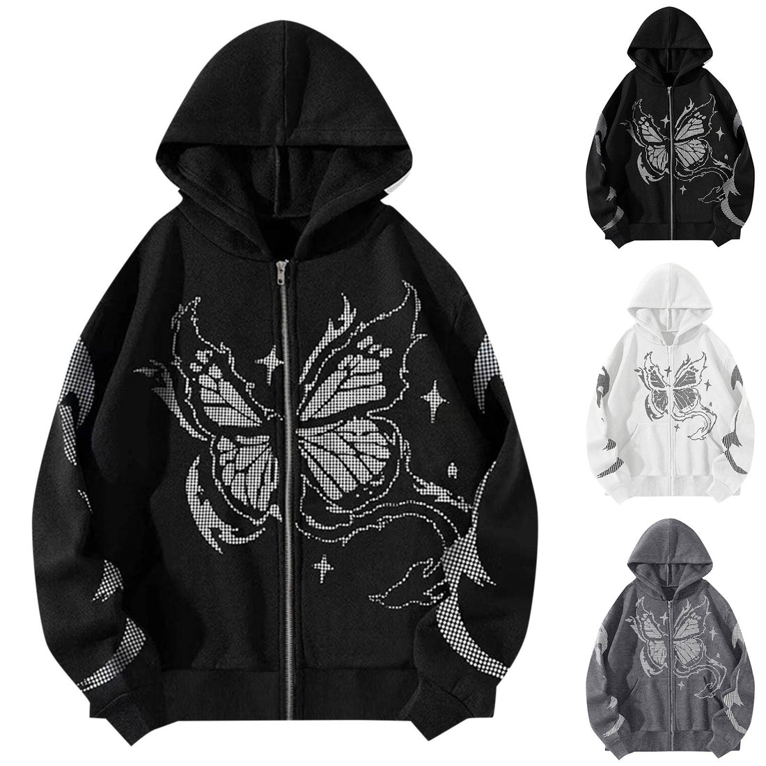 Y2k Women Gothic Black Zip Up Oversize Harajuku Hooded Butterfly Print Sweatshirts Stitch Loose Lovers Wear Hoodie Autumn Winter