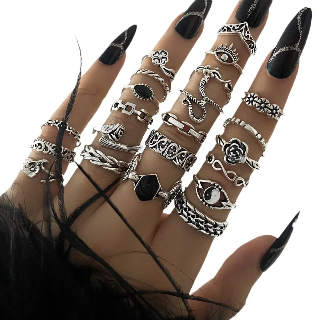 22pcs Punk Style Butterfly Heart And Tai Chi Snake Rings