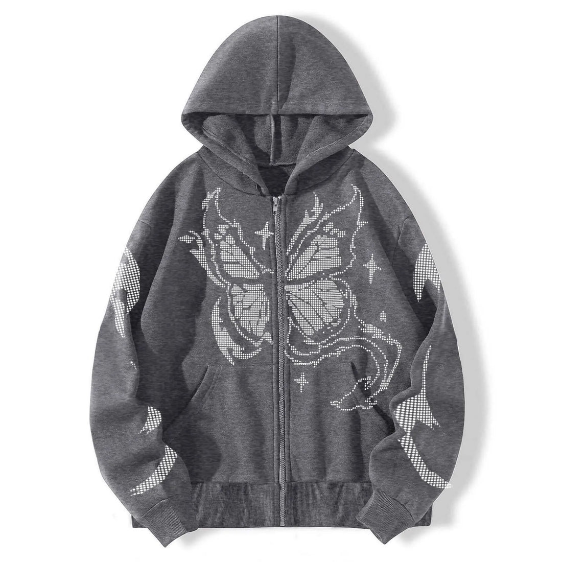 Y2k Women Gothic Black Zip Up Oversize Harajuku Hooded Butterfly Print Sweatshirts Stitch Loose Lovers Wear Hoodie Autumn Winter