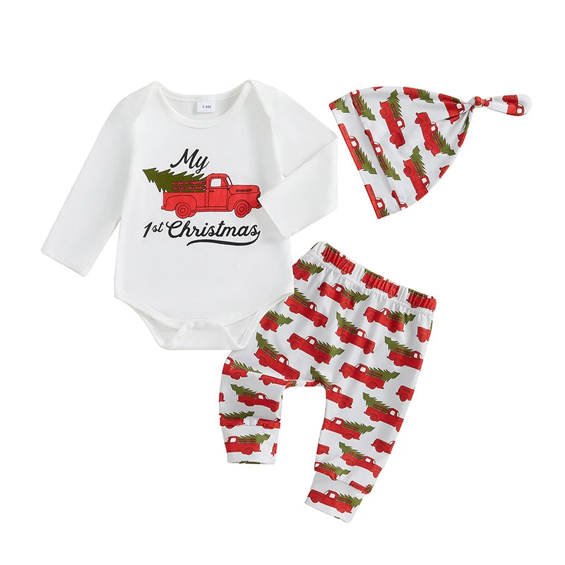 Baby Girls Boys Christmas Outfits Long Sleeve Truck Print Romper + Pants + Hat Set Infant Clothes