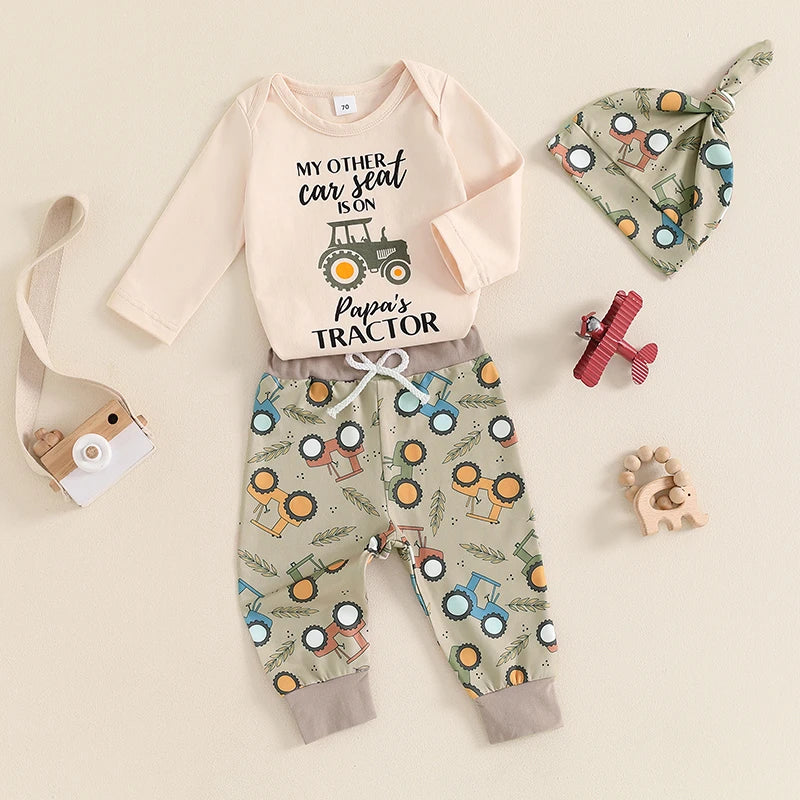 Baby Boy Fall Outfit Letter Print Long Sleeve Romper and Tractor Print Pants Hat Spring 3 Piece Set