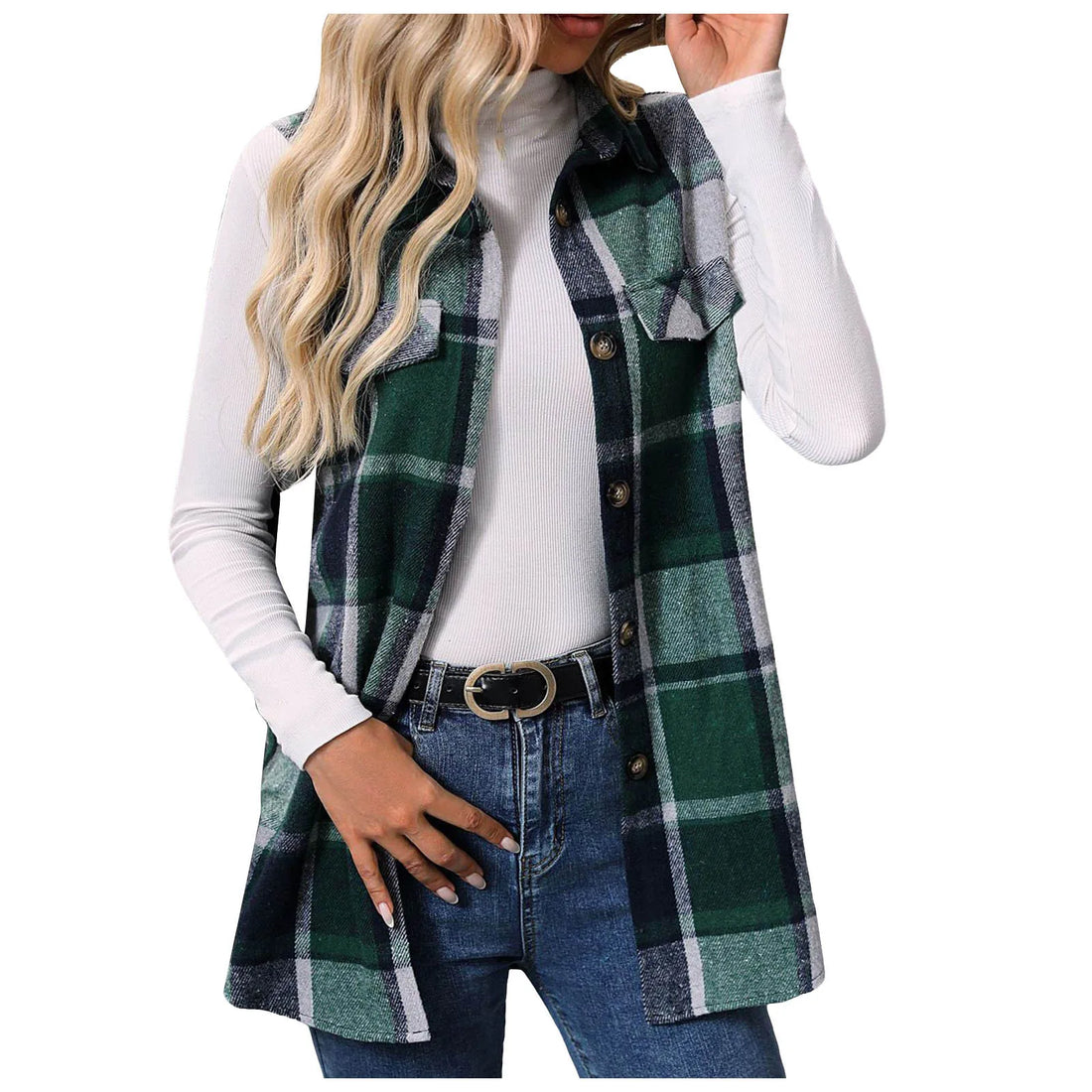 Women Fashion Plaid Sleeveless Vest For 2024 Autumn And Winter Pocket Decoration Loose Button Long Vests Jackets For Woman