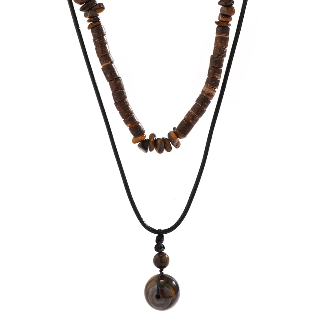 Stone and Wood Bead Chain with Ball Pendant Necklace