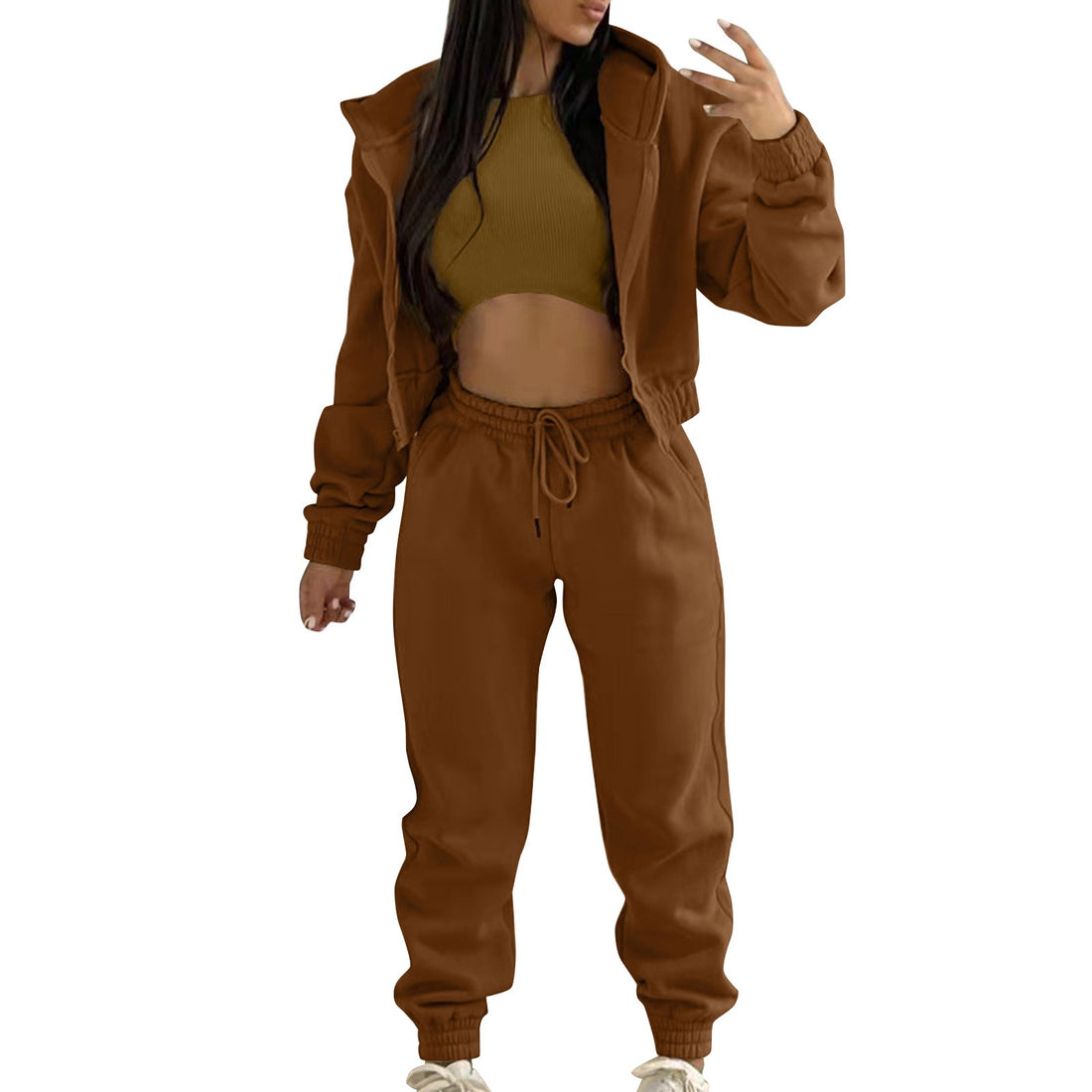 Women'S Casual Tracksuit Autumn And Winter Top Vest Pant Set Fashionable Solid Color Zipper Hooded Sweatshirt Women Pant Suit