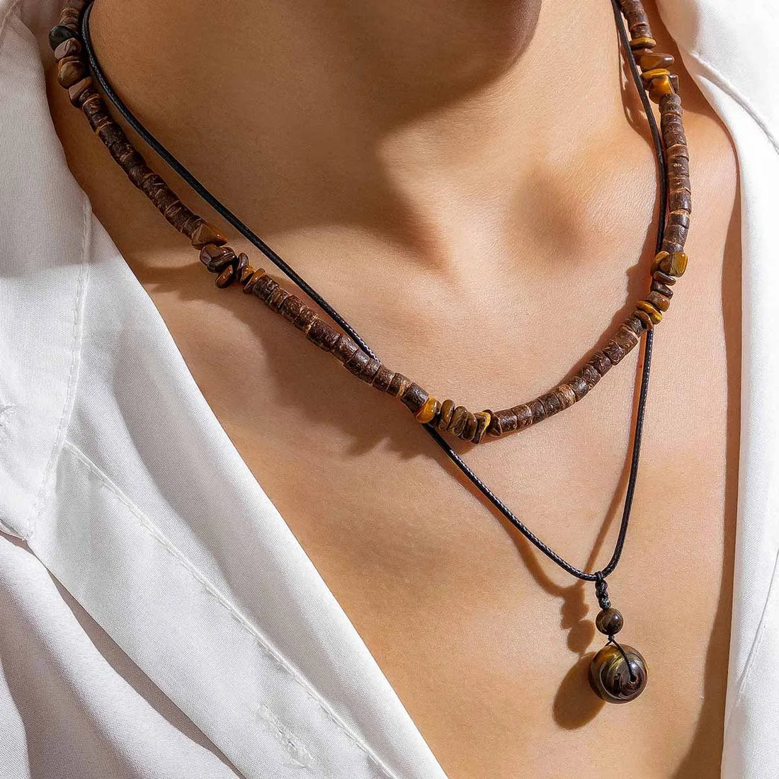 Stone and Wood Bead Chain with Ball Pendant Necklace