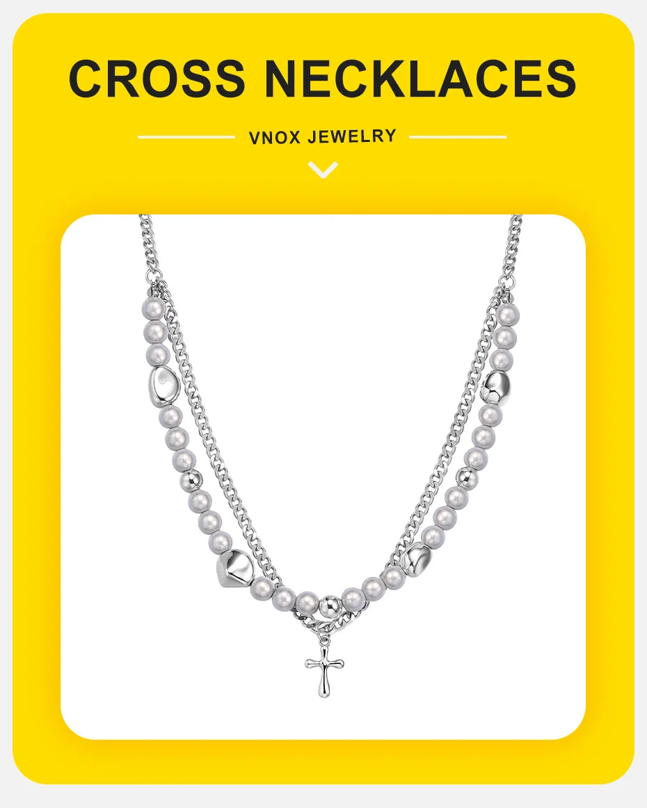 Vnox Cross Pendant Necklaces for Men Women, White Roudn Beads Chain Collar, Steel Cuban Long Tassel Boho Statement Necklace